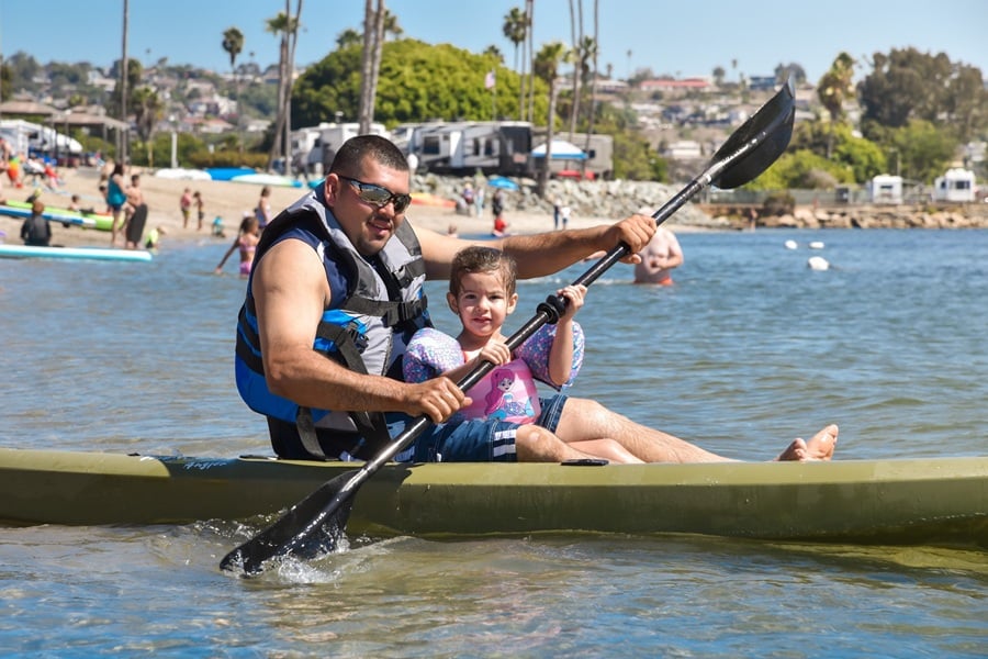 father and son kayaking