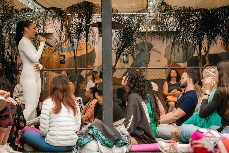 Group yoga at Daybreaker sober dance event 