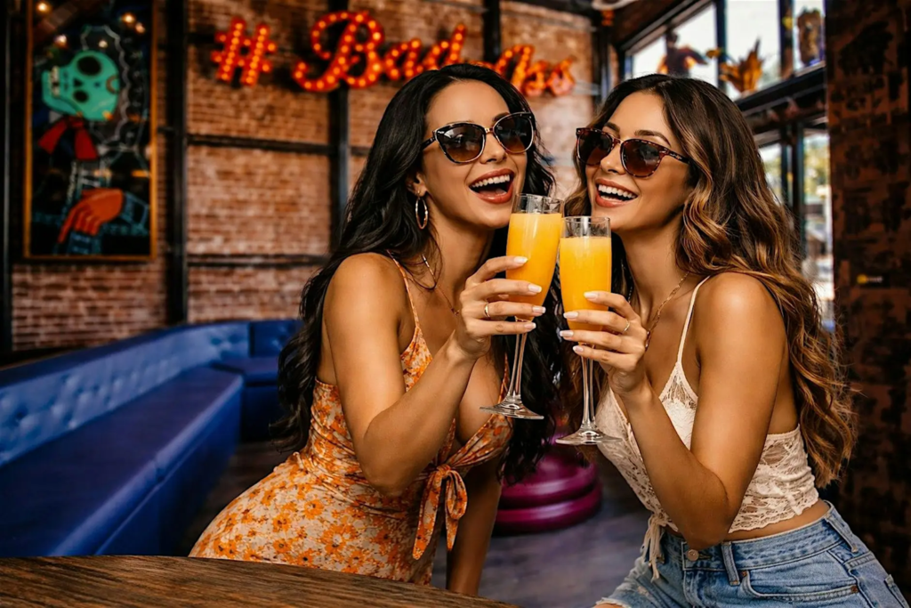 two women drinking mimosas in a bar