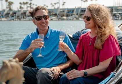 A glass of house wine poured and ready to enjoy on board The Gondola Company