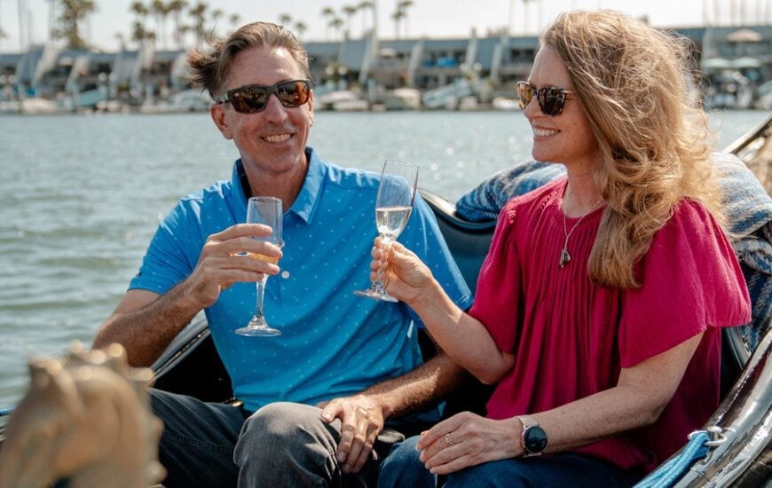 A glass of house wine poured and ready to enjoy on board The Gondola Company
