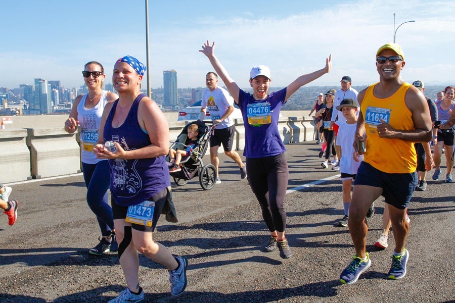 Runners and walkers at the 39th Navy Bay Bridge Run/Walk in San Diego