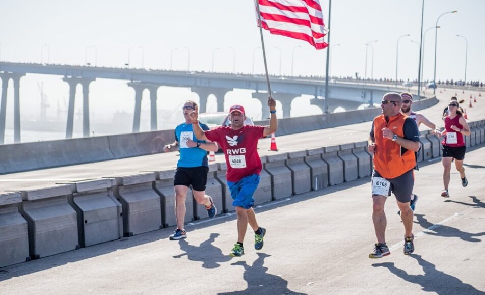 Runners and walkers at the 39th Navy Bay Bridge Run/Walk in San Diego