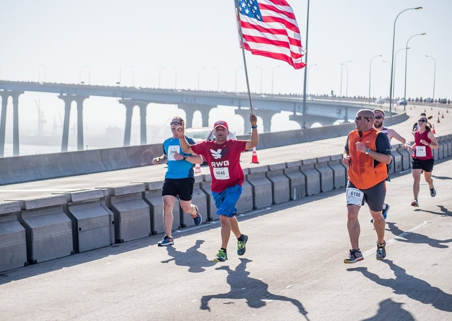Runners and walkers at the 39th Navy Bay Bridge Run/Walk in San Diego