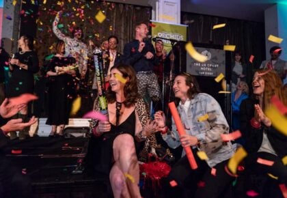 Confetti flying at the Orchids & Onions awarding ceremony