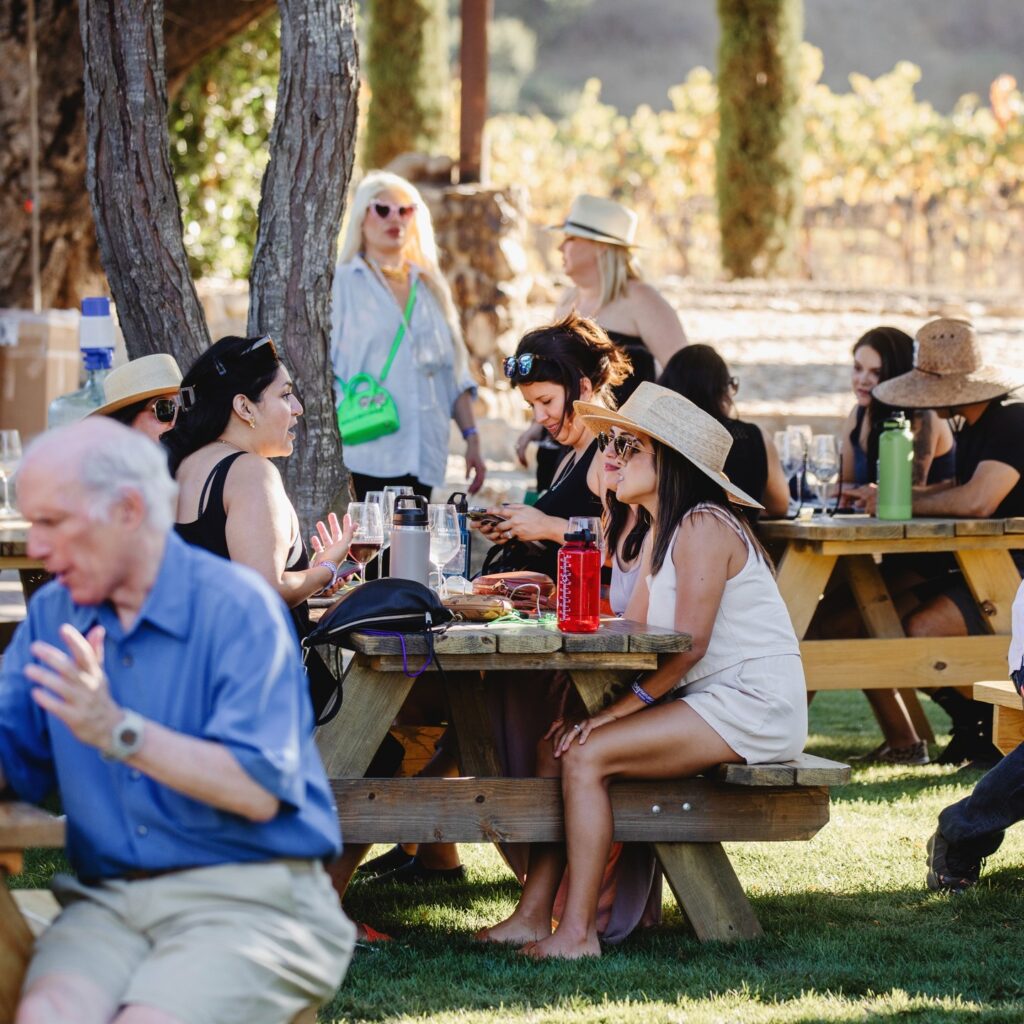 people and picnic tables