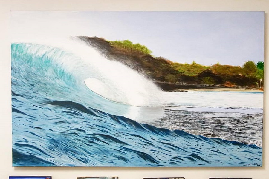 a painting of a big wave on the beach