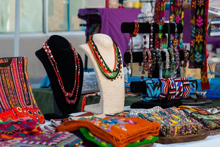 Art and craft artisan market display with clothes and jewelry