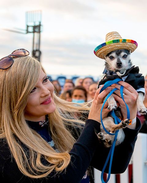 woman holding a chihuahua in costume